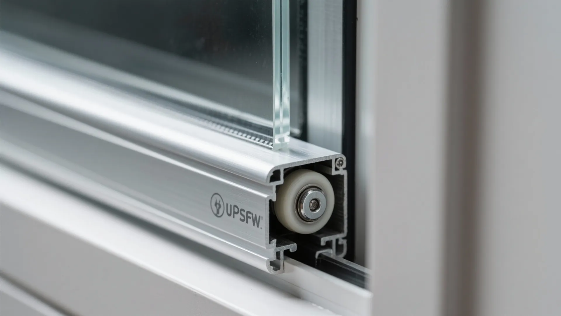 Close-up of a sliding glass door roller mechanism with a silver metal frame and wheel
