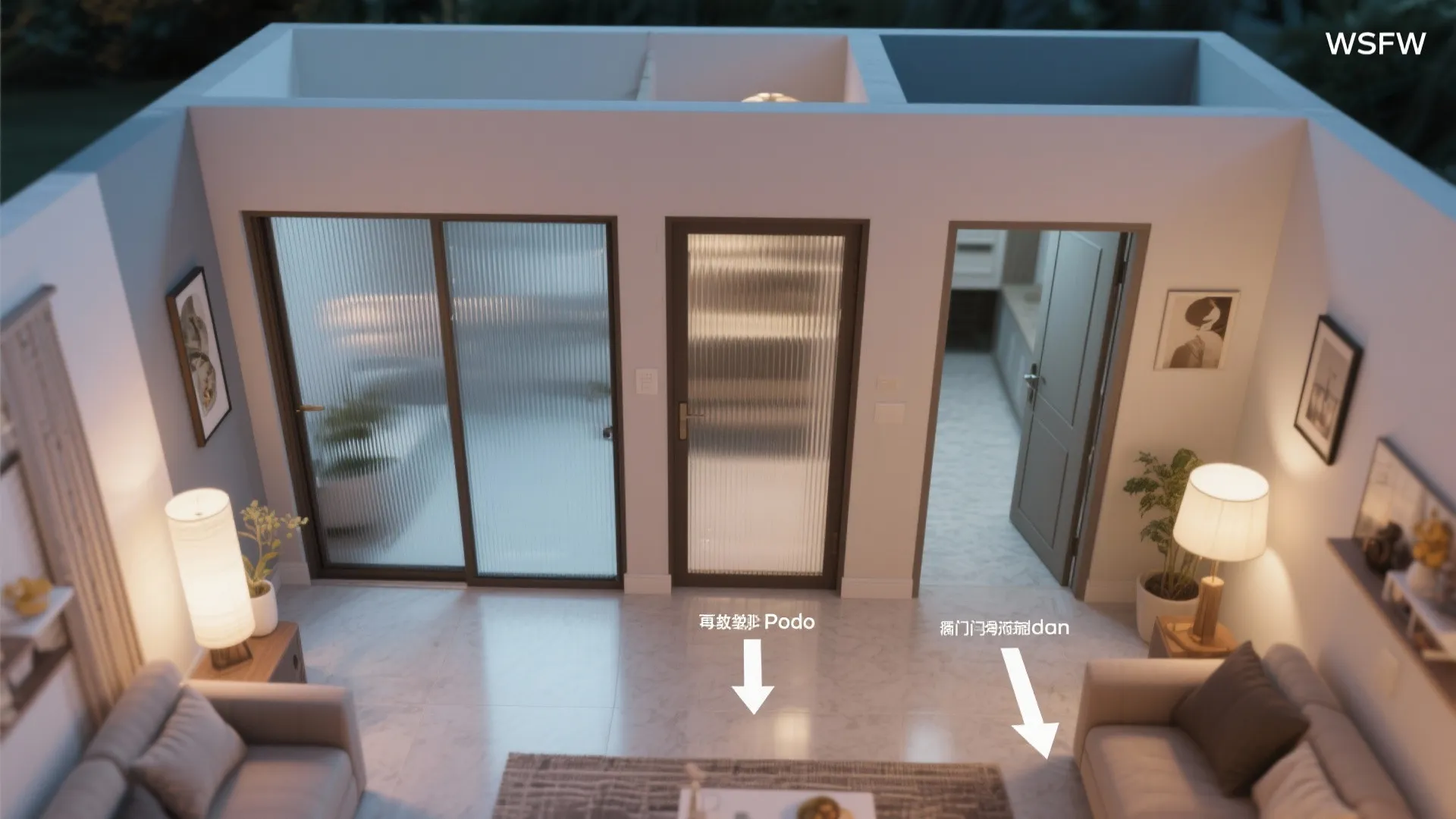 Top-down visualization comparing sliding fluted door clearance with a hinged swing in a compact space.