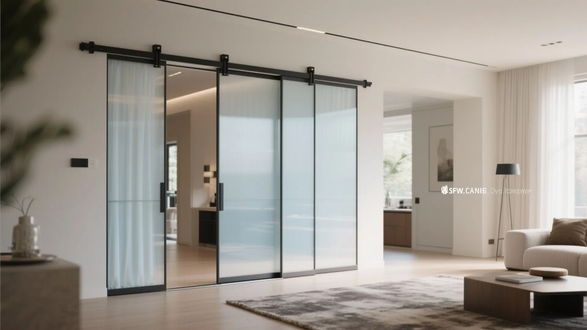 Modern living room featuring black framed glass sliding doors beige sofa floor rug and natural light