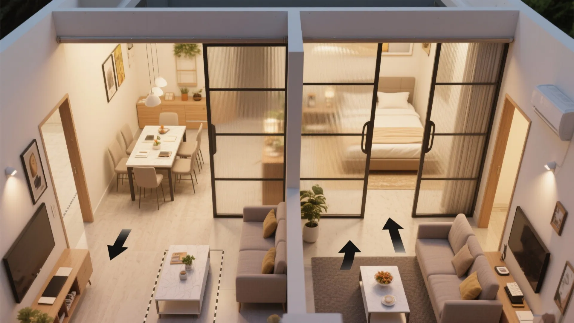 Sliding partitions that create a flexible “third room”