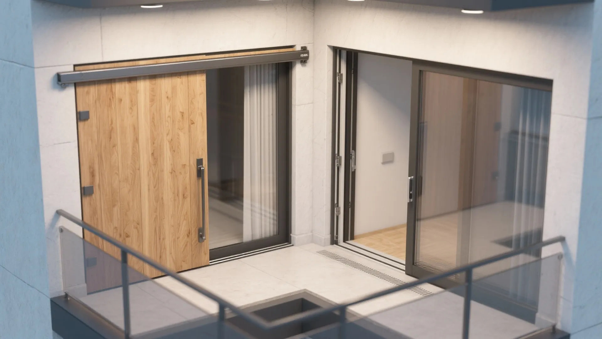 Modern white balcony with wood sliding door glass folding door metal railing and outdoor lighting fixtures