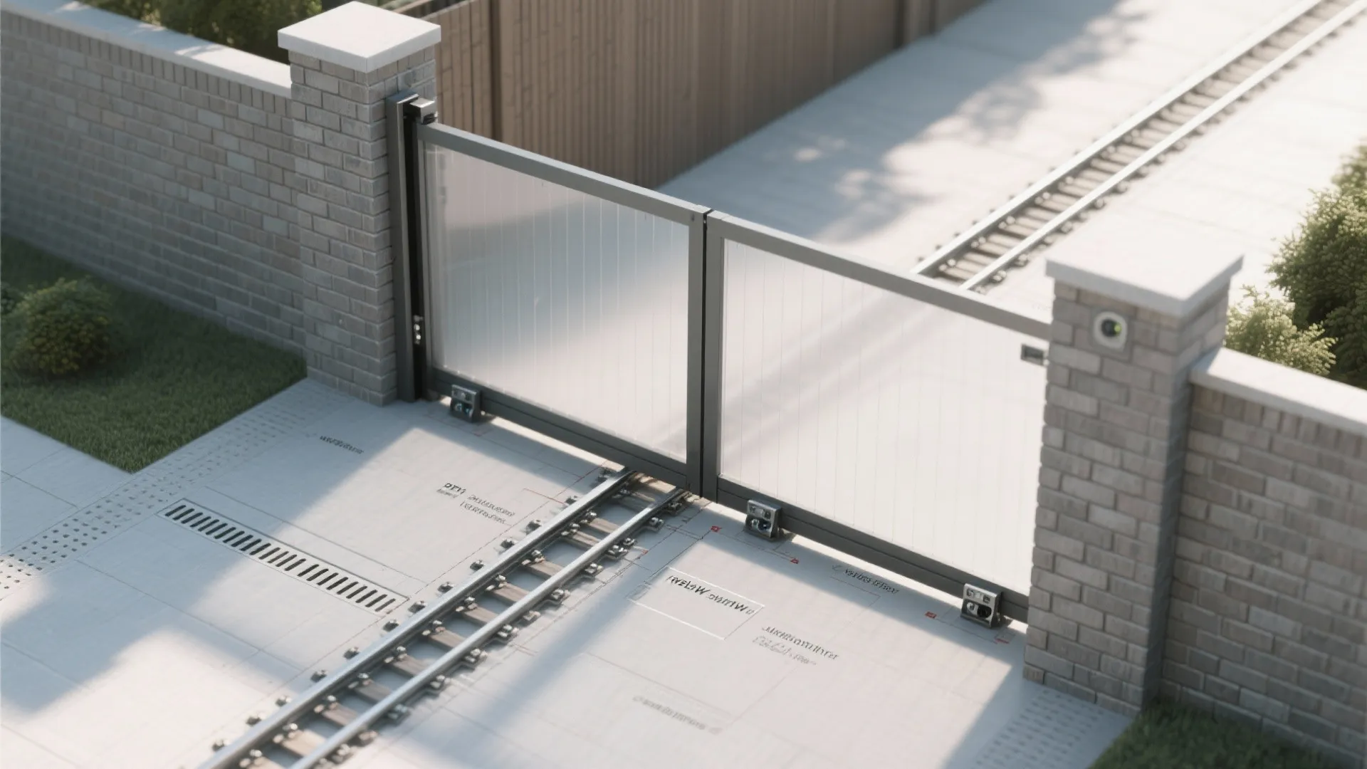 Brick Piers with Frosted Glass Infill + Sliding Gate