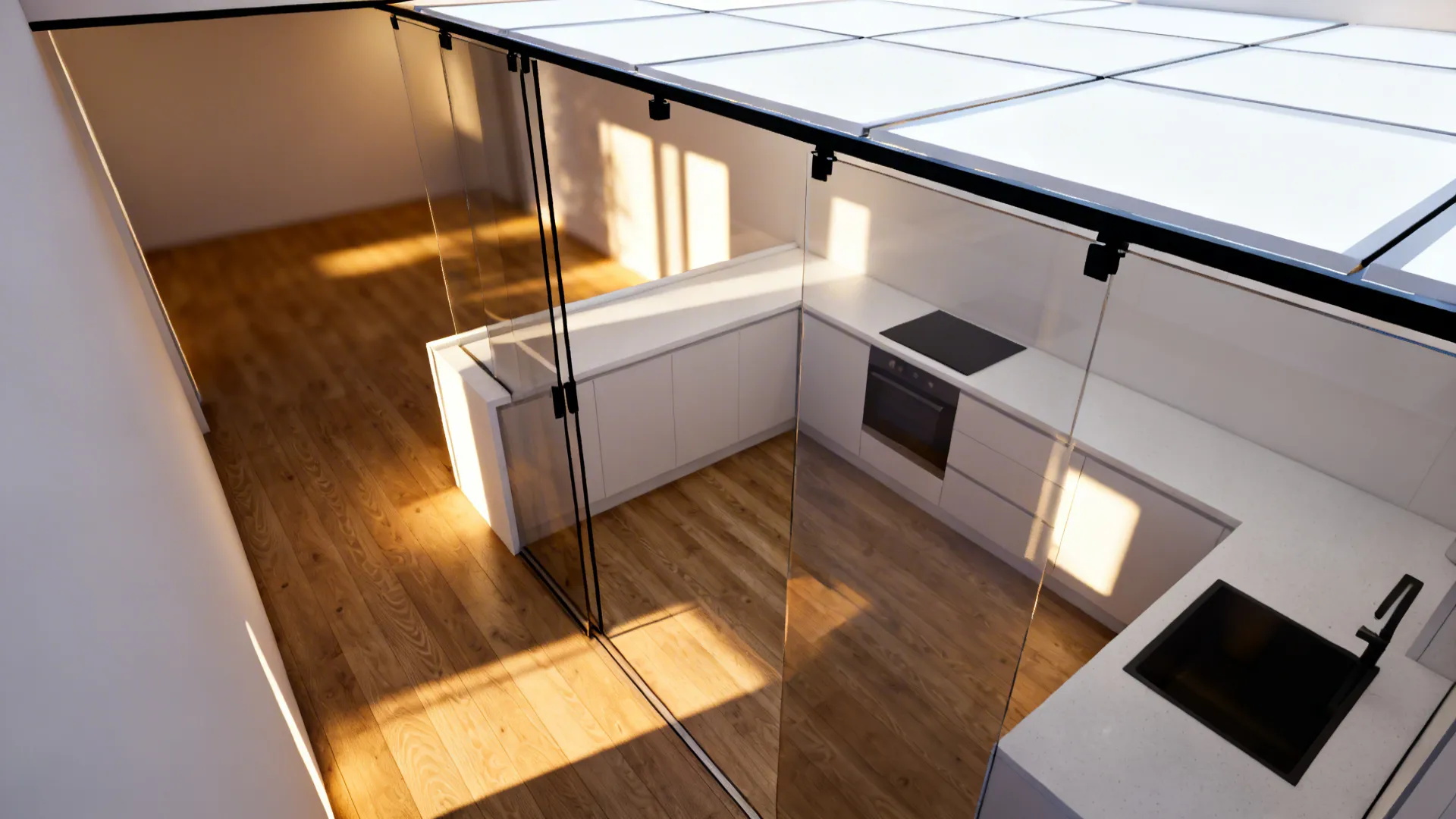 Top-down view of a studio with an L-shaped kitchen and sliding glass panel path.