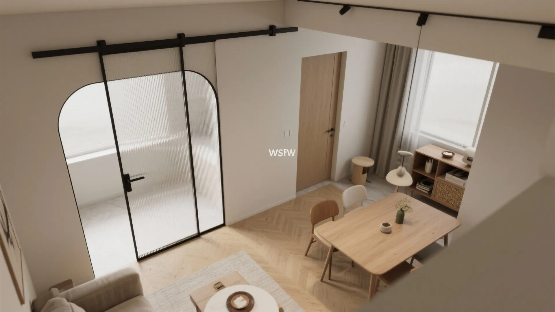 Top-down view showing space saved by a pocket sliding door in a compact layout.