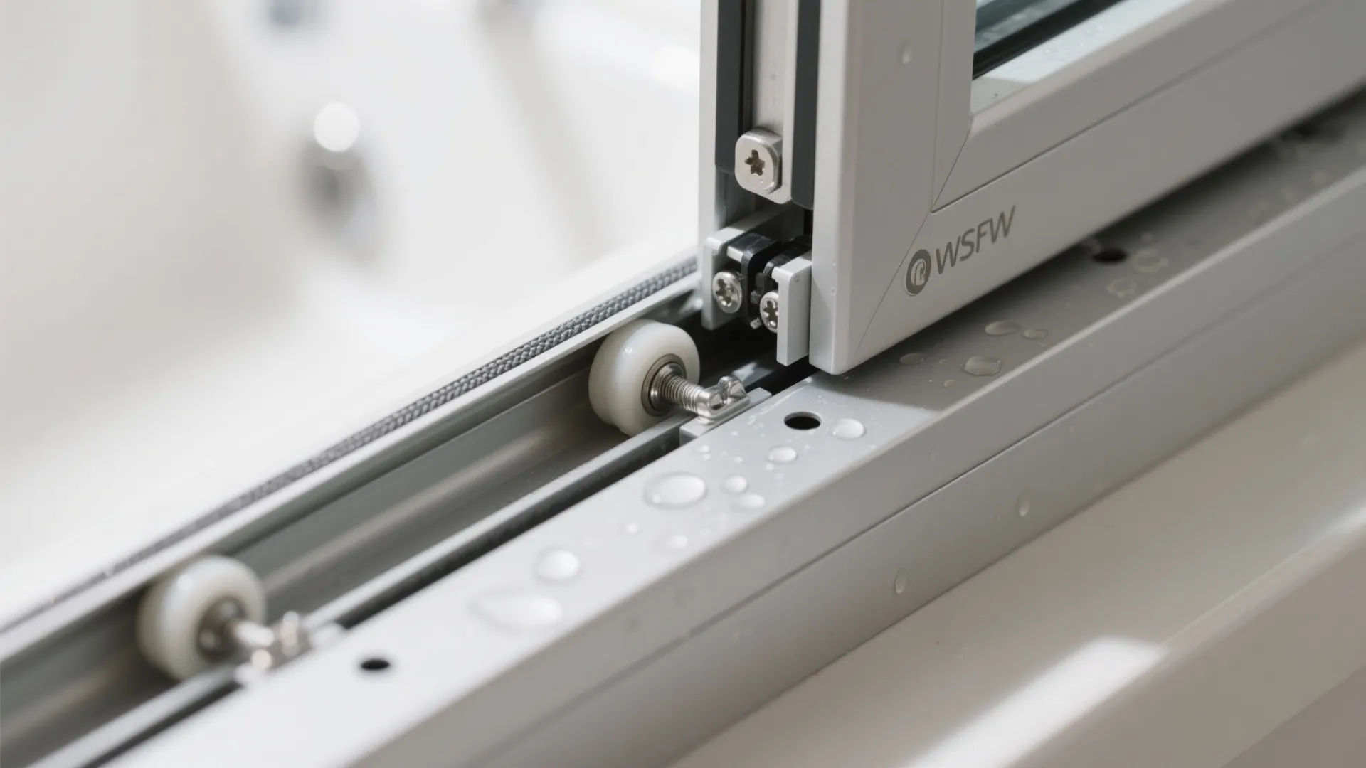 Detailed view of sliding glass door track with white rollers and water droplets on metal