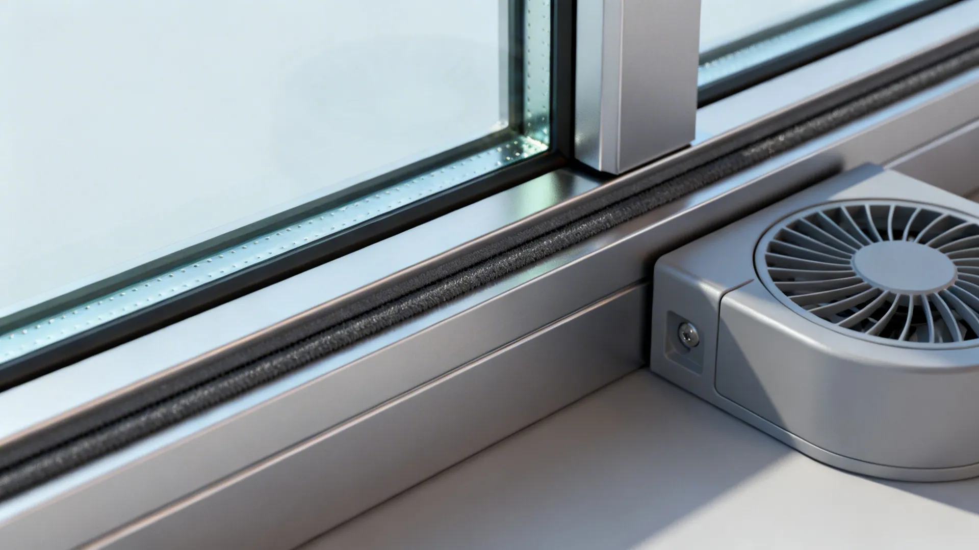 Close-up of a horizontal slider window track with tight weatherstripping near a compact corner fan.
