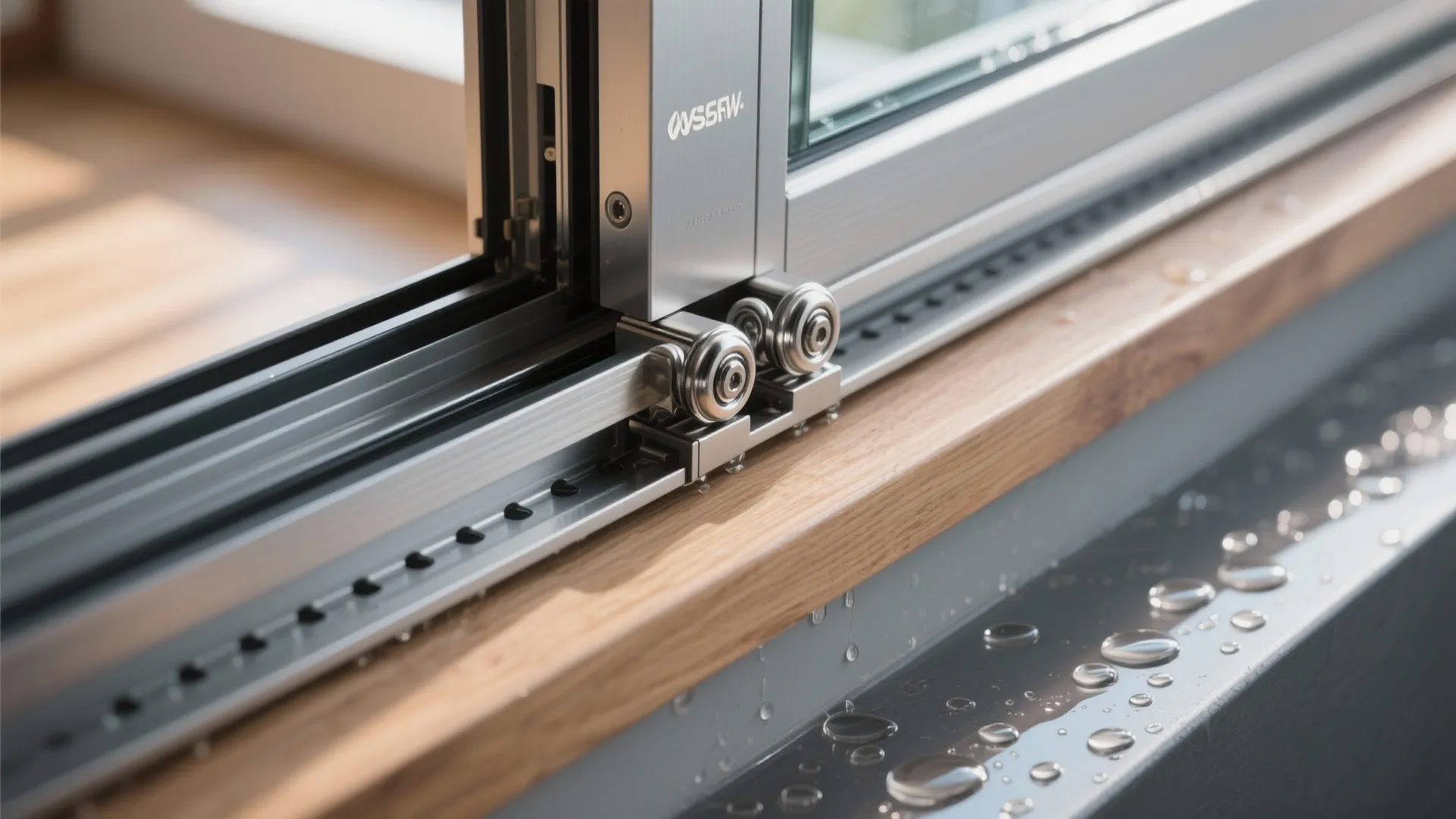 Close up of metal sliding door rollers on a silver track with water drops on wood