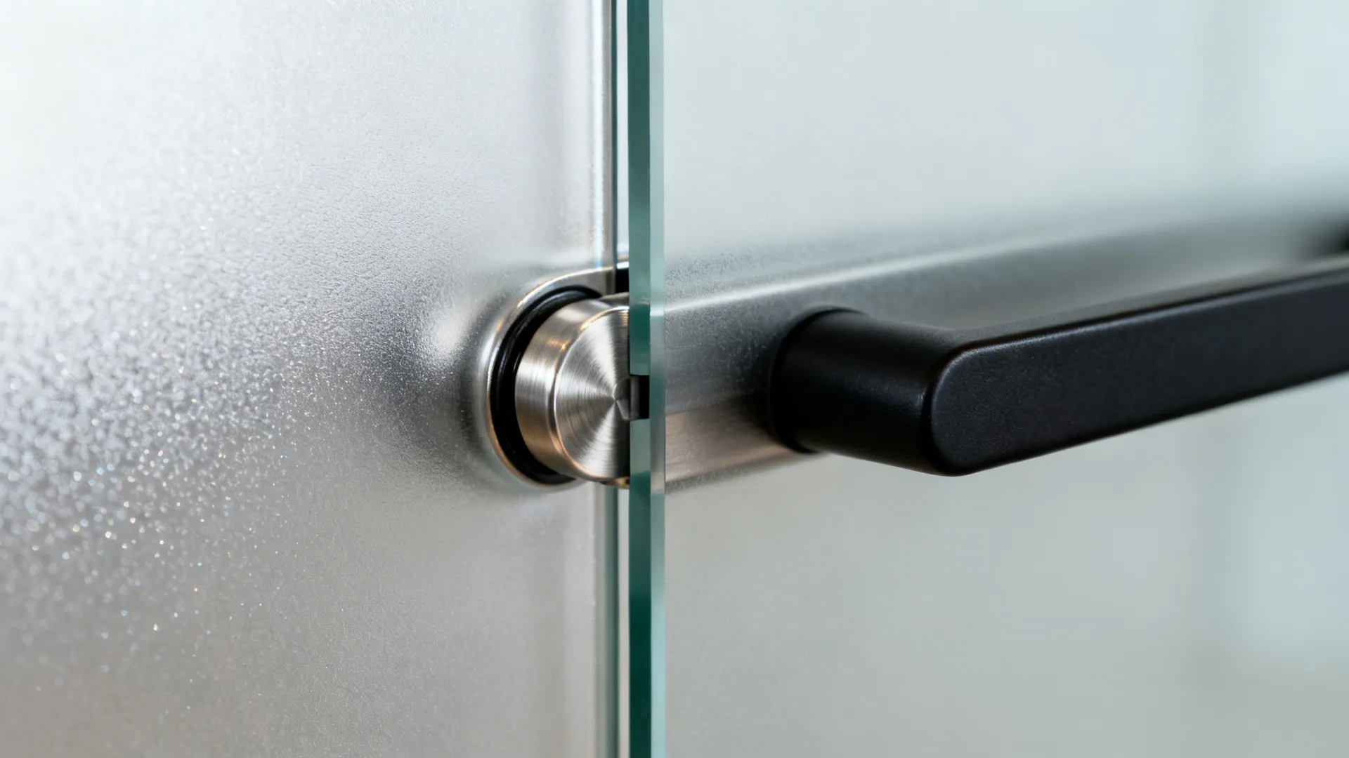 Macro of a frosted glass door’s etched texture and soft-close track hardware.