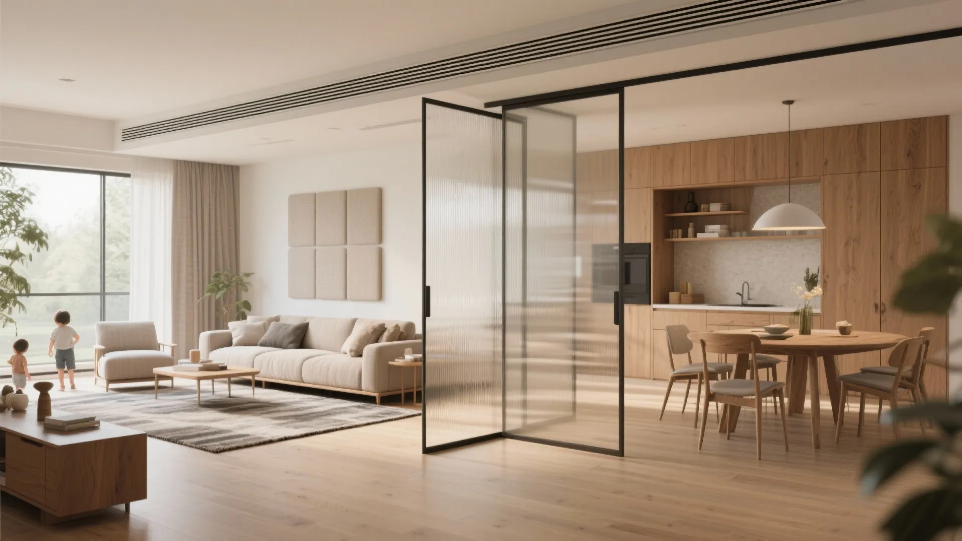 Sliding partitions and zoned acoustics for flexible living