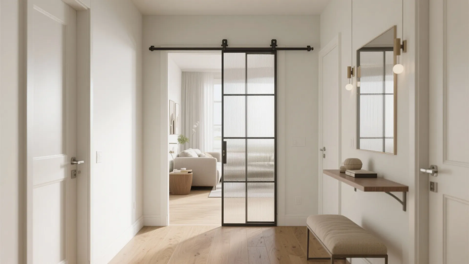 Sliding doors and glass partitions to reclaim hallway space