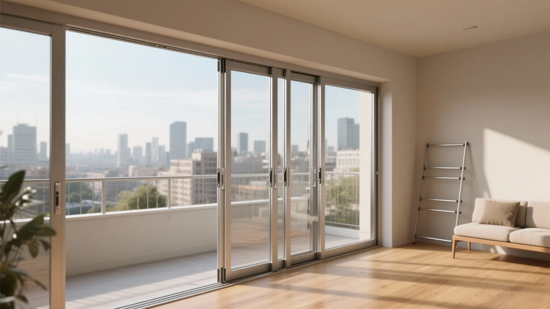 Large sliding glass doors open to a balcony with city skyline view and wooden floor