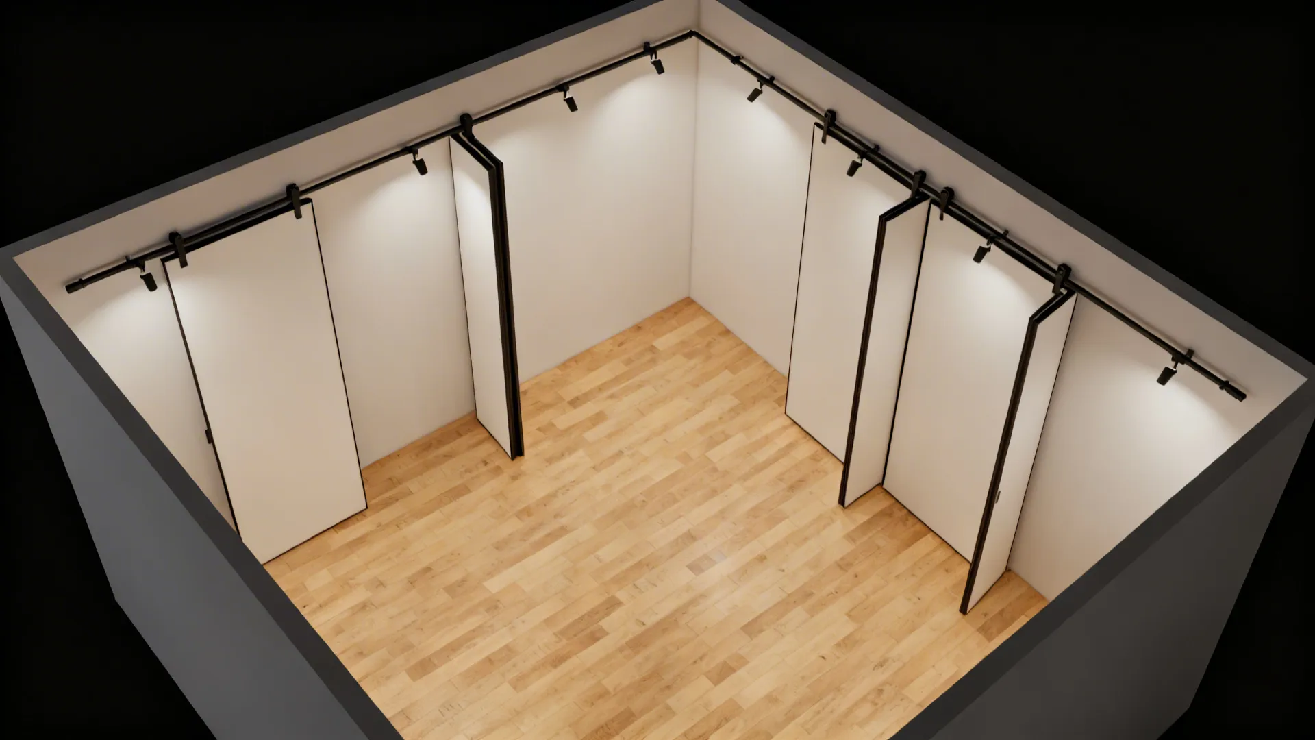 Top-down view of a studio showing sliding panel positions along a ceiling track and clear circulation paths.
