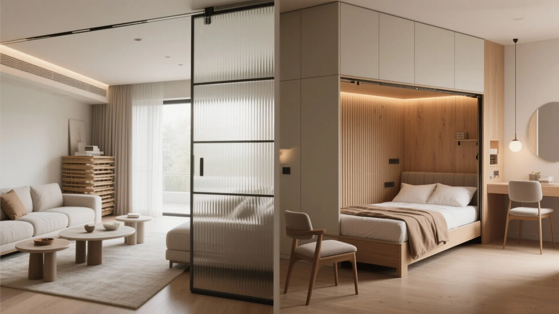 Modern living room with white sofa and bedroom area with wooden bed and glass door