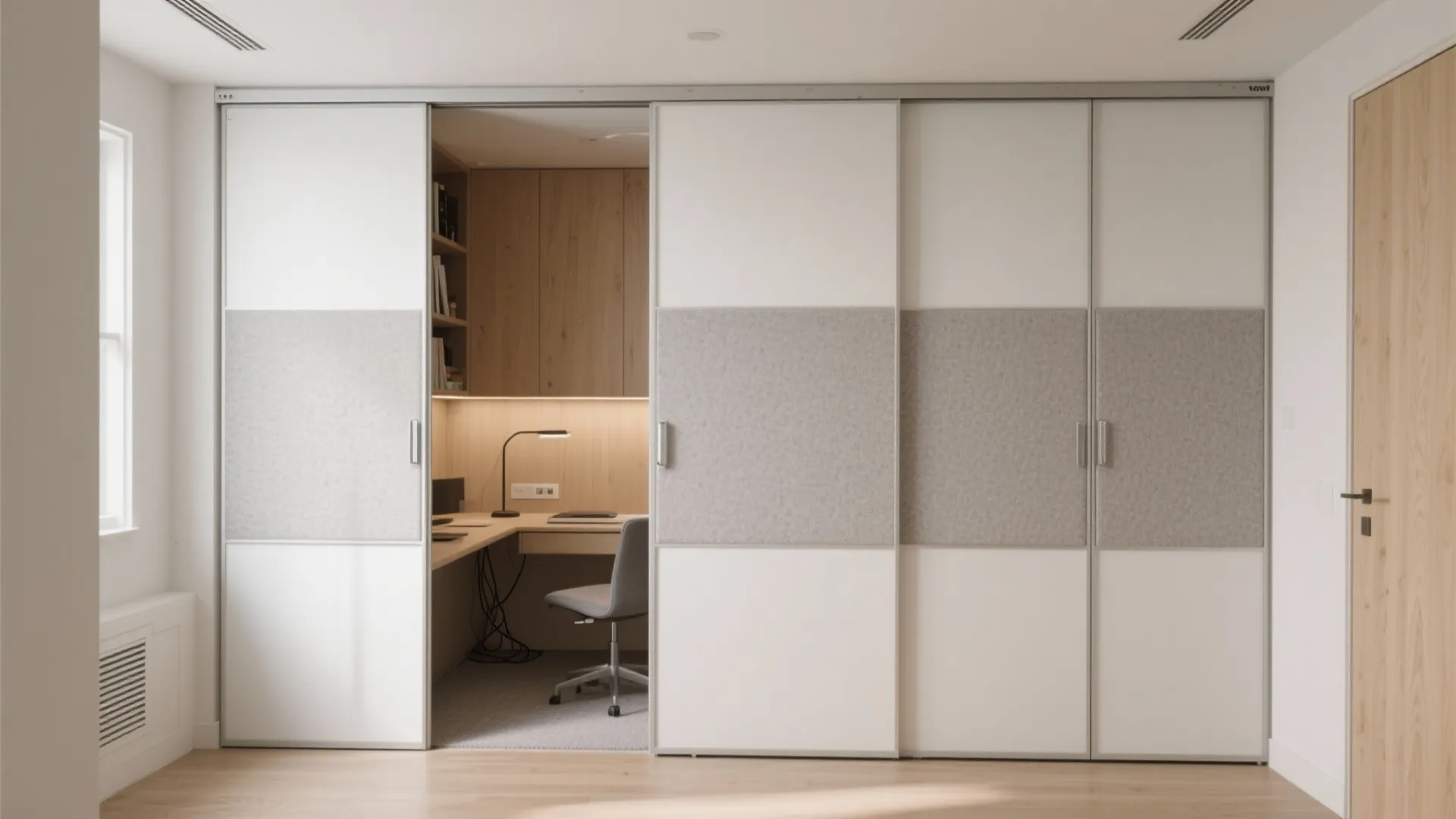 Modern office room hidden behind white sliding doors with grey fabric panels and wood flooring