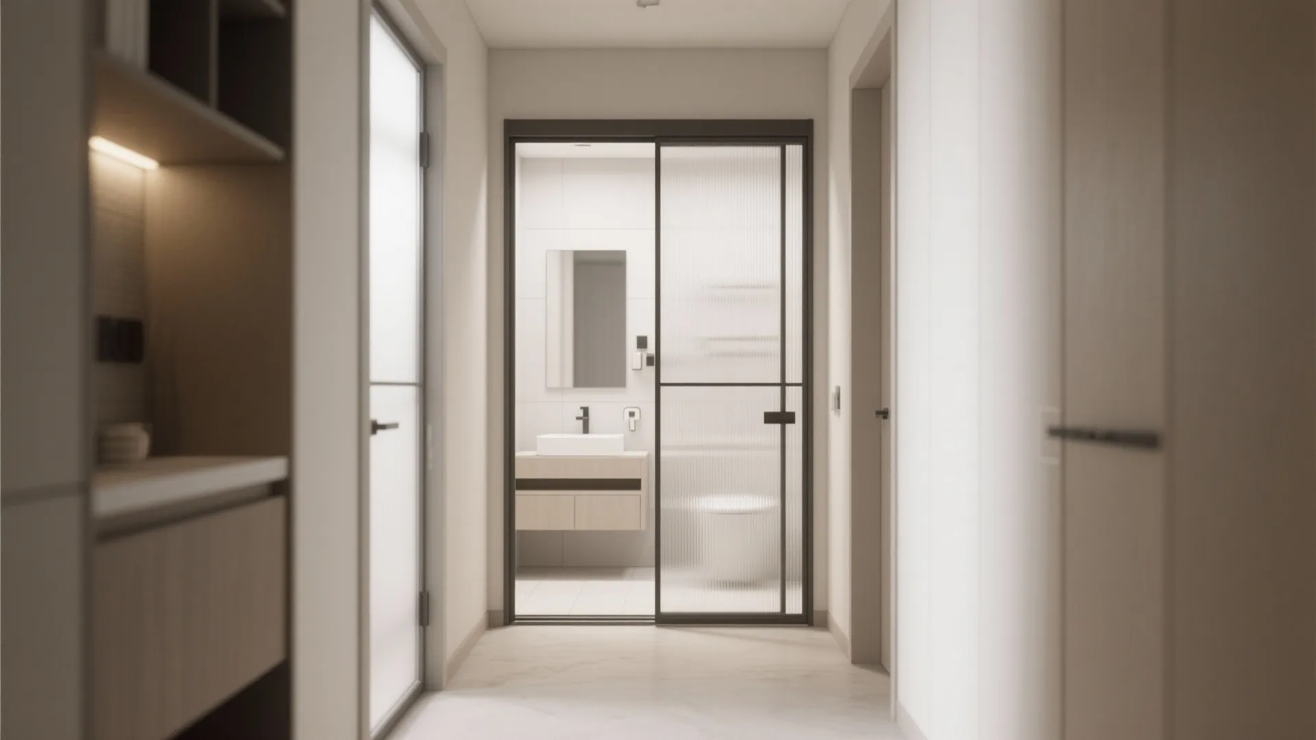 Modern bathroom with sliding black frame glass door leading to a sink and toilet area
