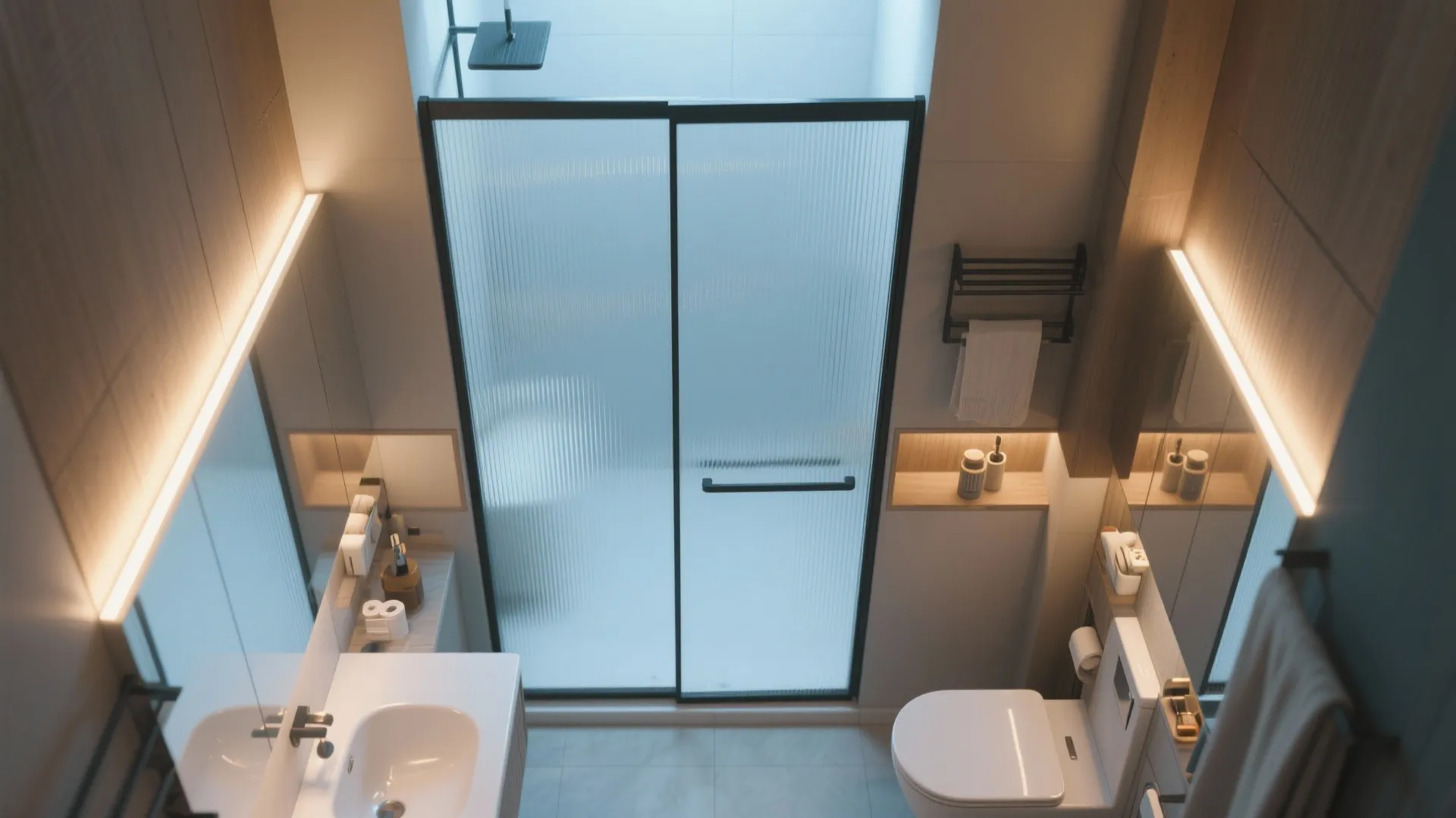 Top view of small modern bathroom with sliding glass door white sink toilet and warm lighting