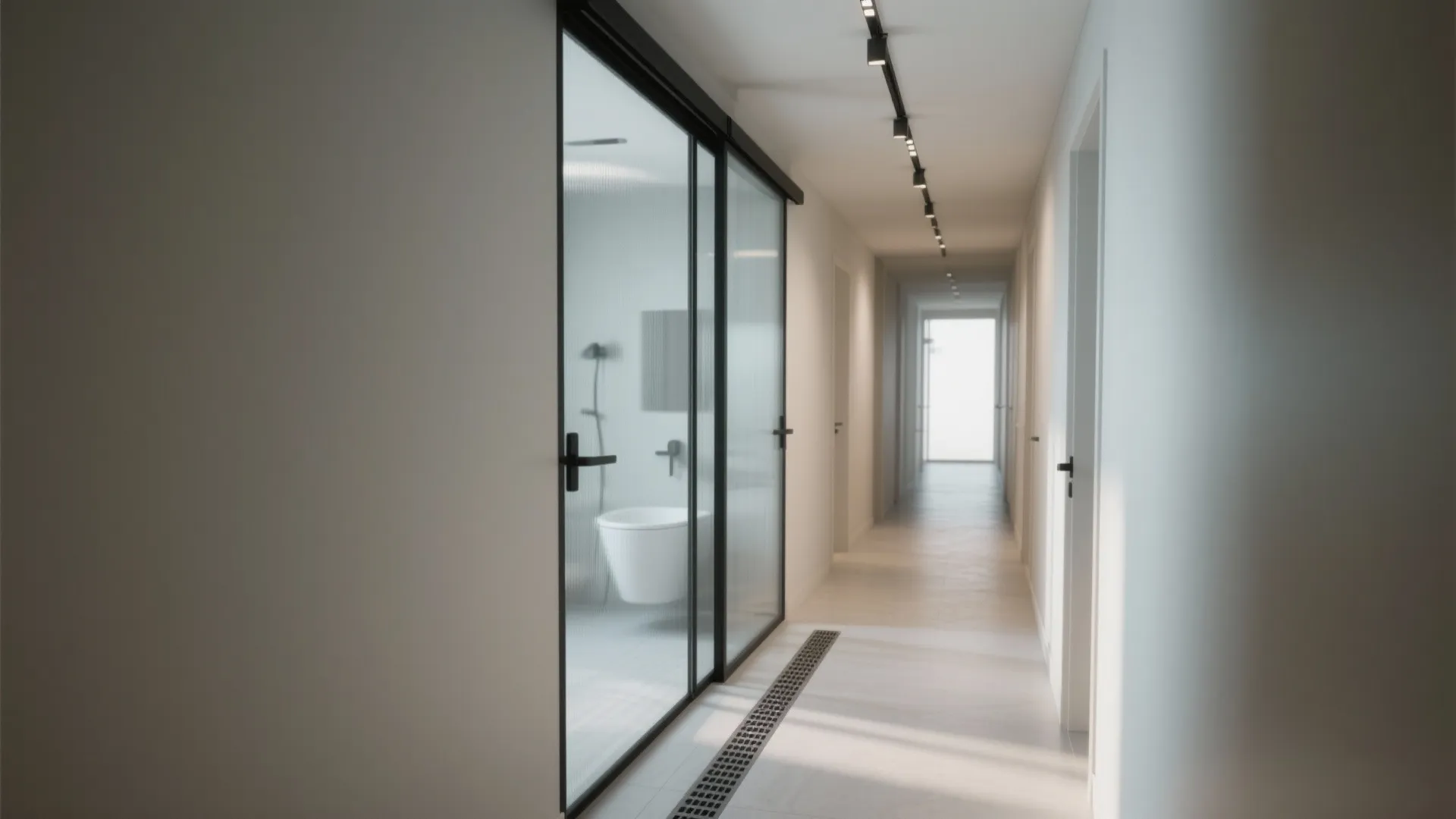 Modern hallway interior design with frosted glass sliding door leading to bathroom and black track lights