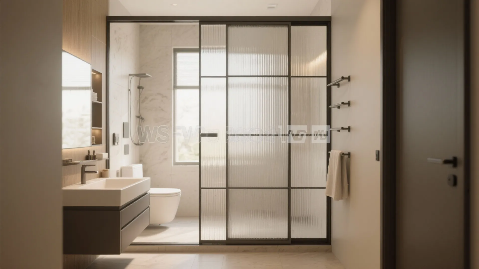Modern bathroom featuring black sliding glass doors with a white sink and dark wooden cabinet