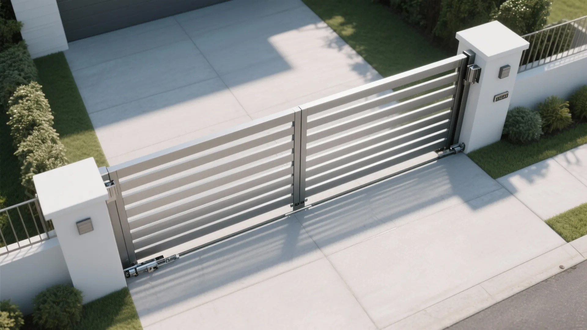 Modern horizontal grey aluminum gate for a driveway with white concrete posts and outdoor lighting