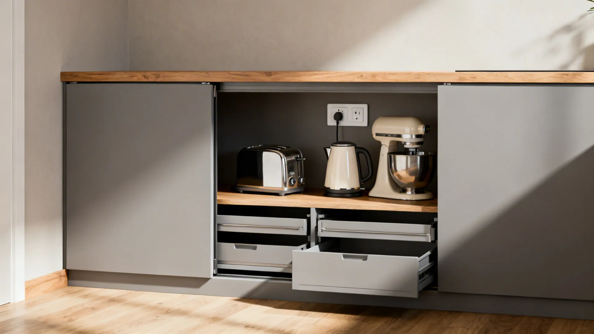 Counter-to-ceiling sliding appliance garage with organized pull-out trays.