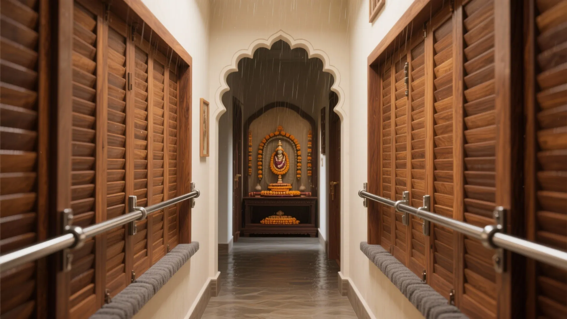 3. Sliding Shutters with Traditional Arch