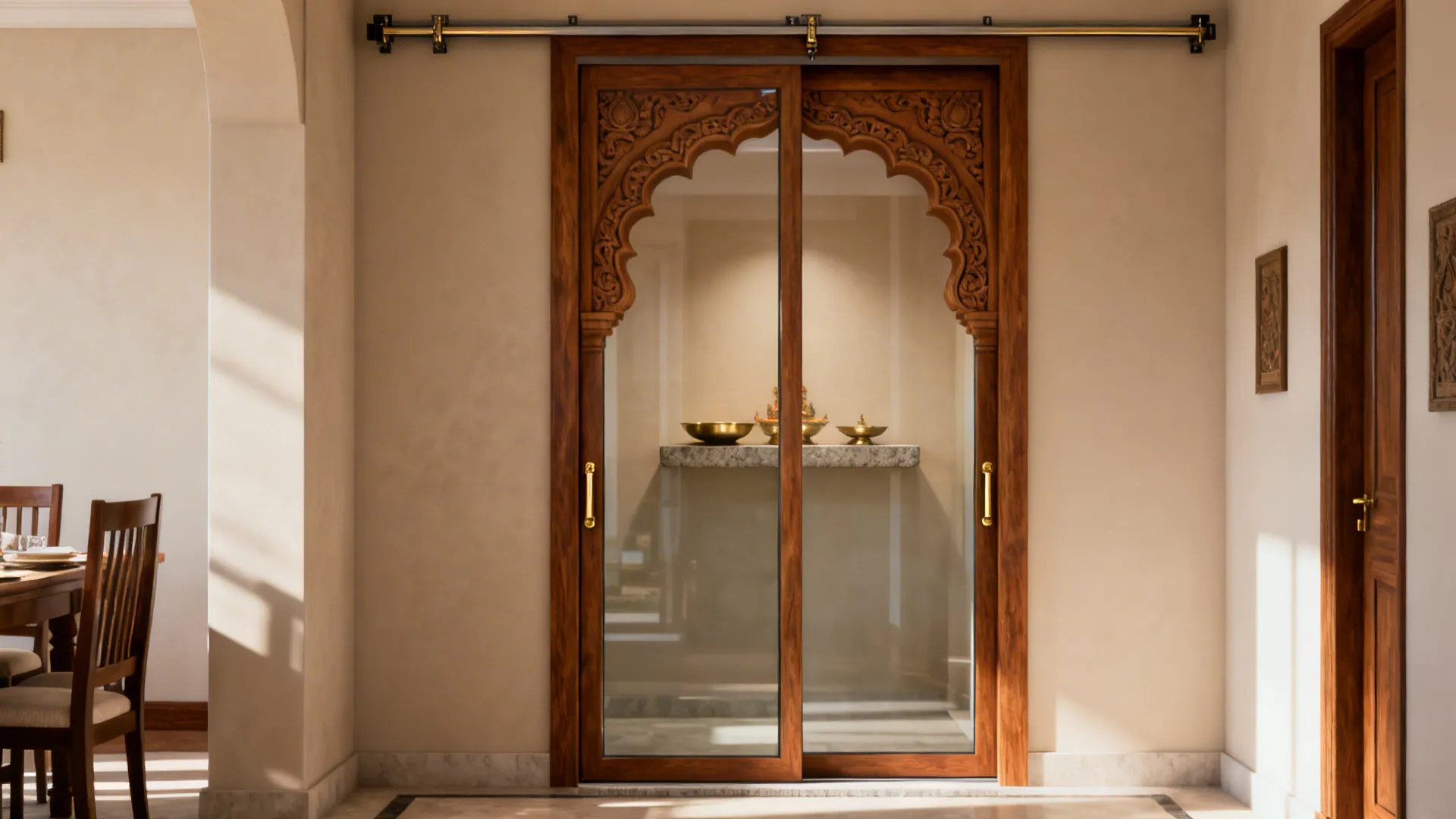 Sliding low-iron glass pooja doors in a carved temple arch wooden frame with concealed top track.
