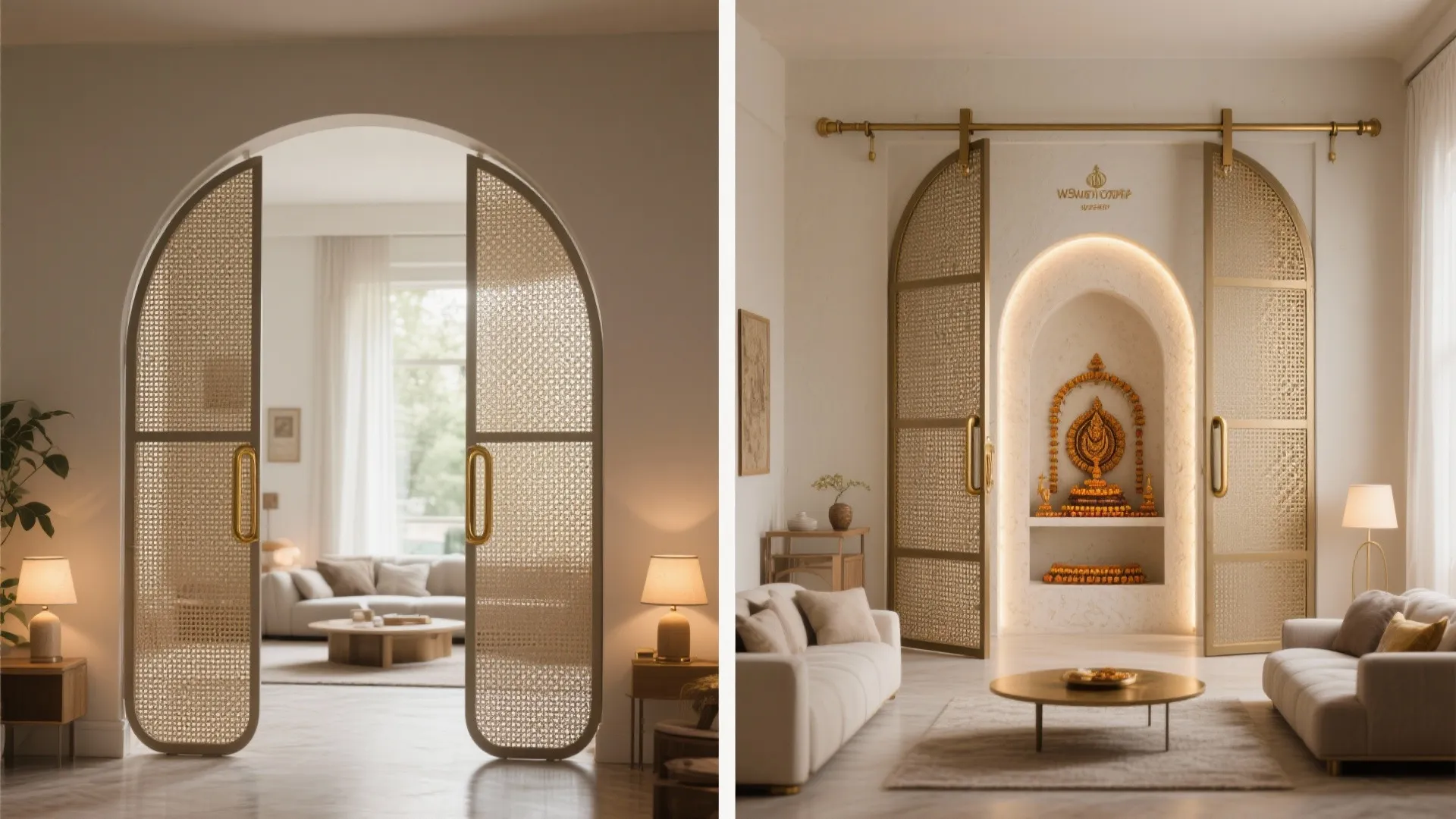 Arched sliding mesh doors showing a living room layout with sofa, table, and light fixtures