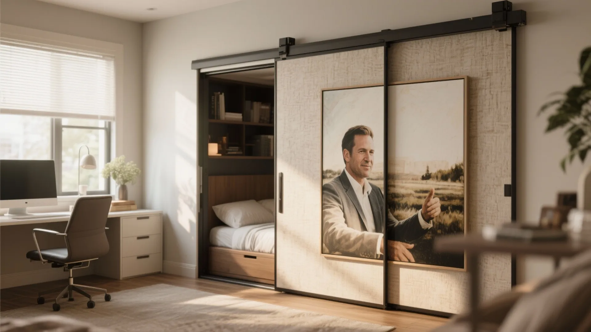 Modern home office with sliding picture panels revealing a hidden bed and wooden bookshelf behind