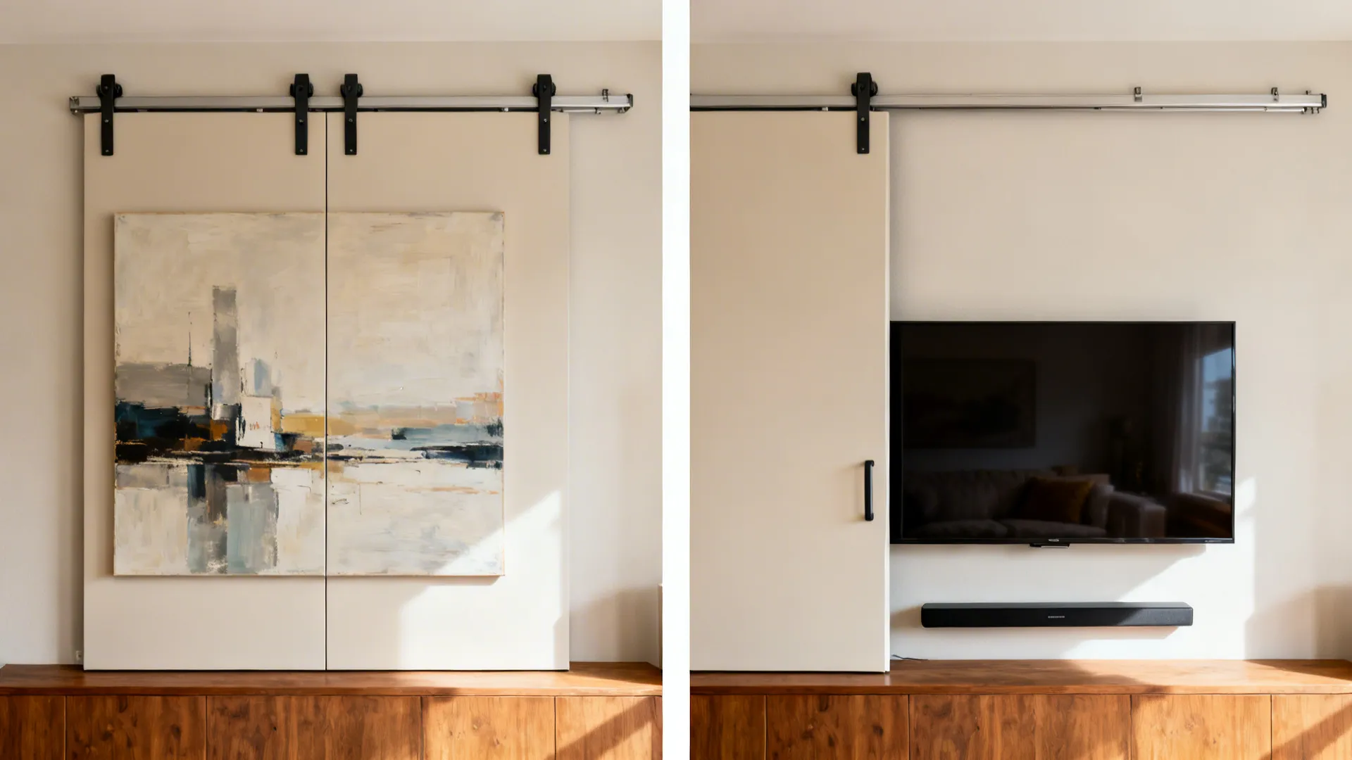 Before-and-after view of sliding art panels concealing and revealing a TV on a living room wall.