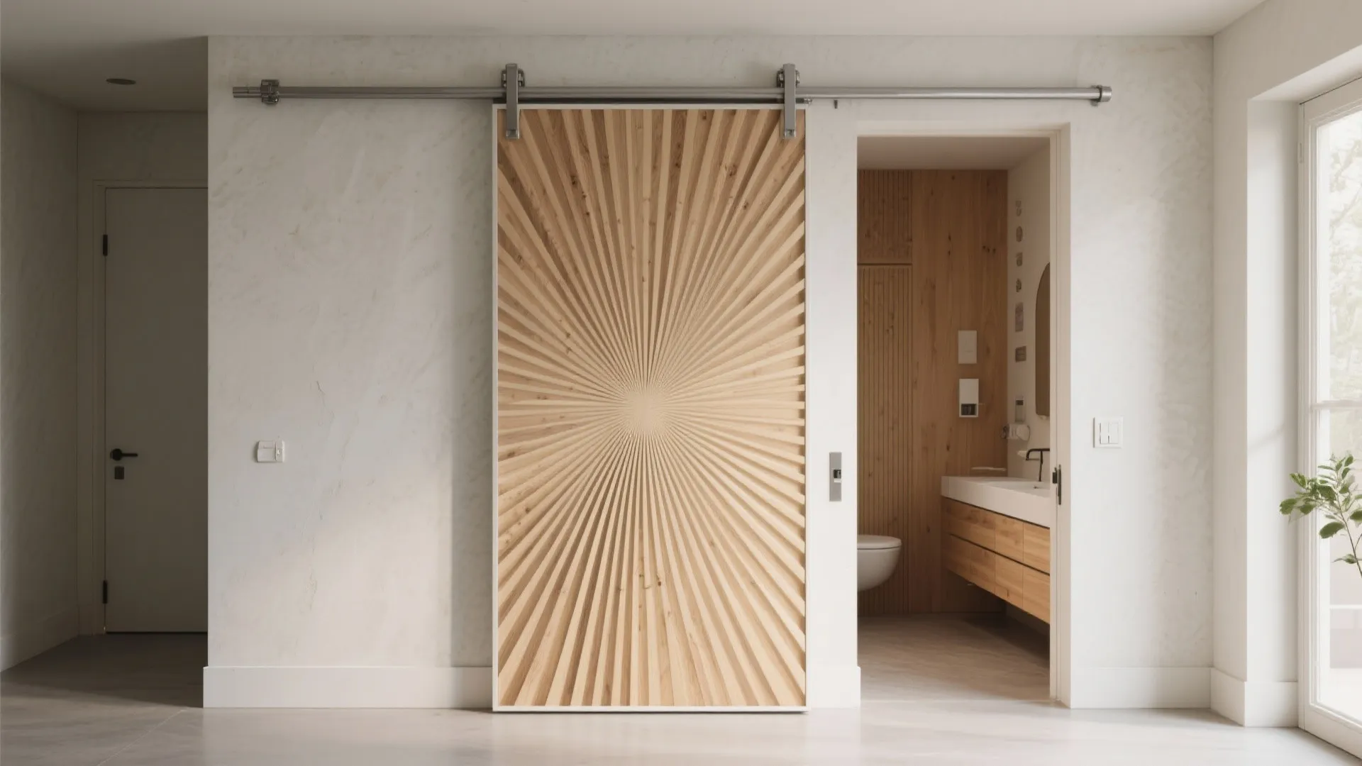 Wooden sliding door with sunburst pattern opening to a modern bathroom with wood wall panel