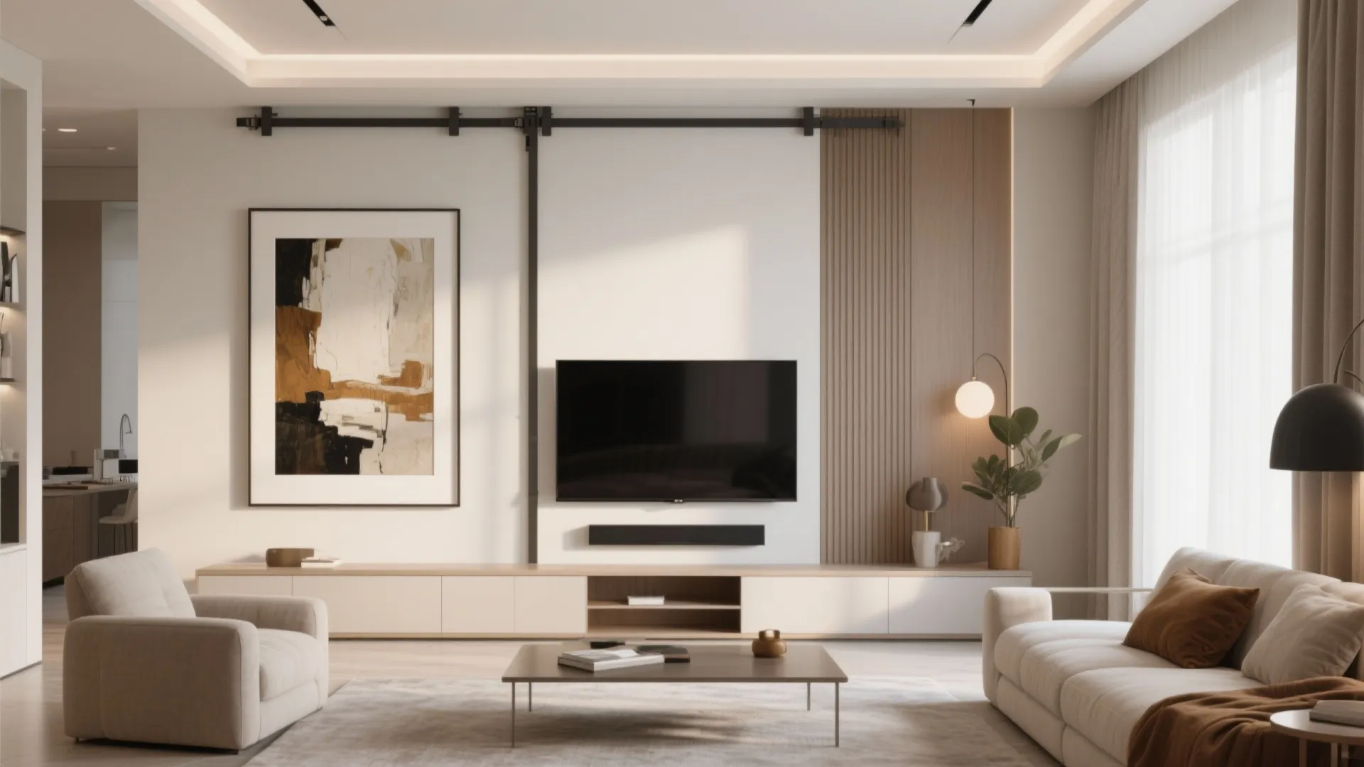 Sliding artwork panel concealing a TV in living room
