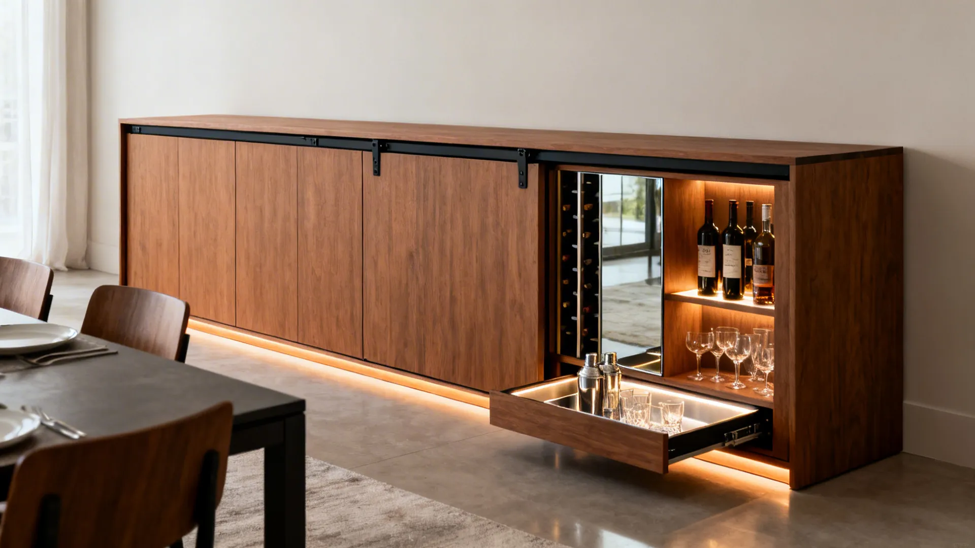 Wooden dining room cabinet with sliding doors showing wine bottles glasses and warm interior lights
