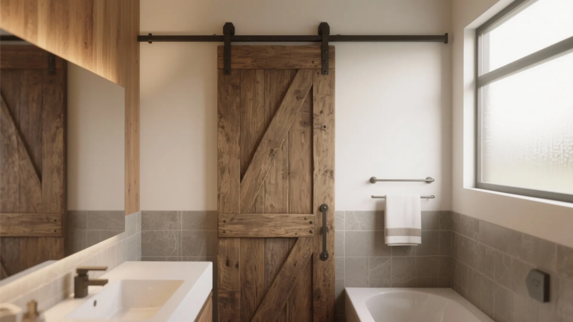 Modern bathroom featuring a wooden sliding door with black metal track next to a bathtub