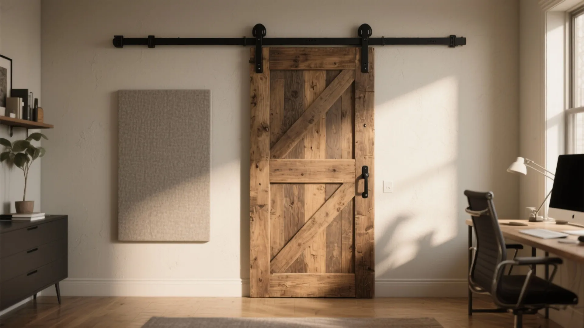 Rustic wooden sliding door with black metal track in a modern home office with desk