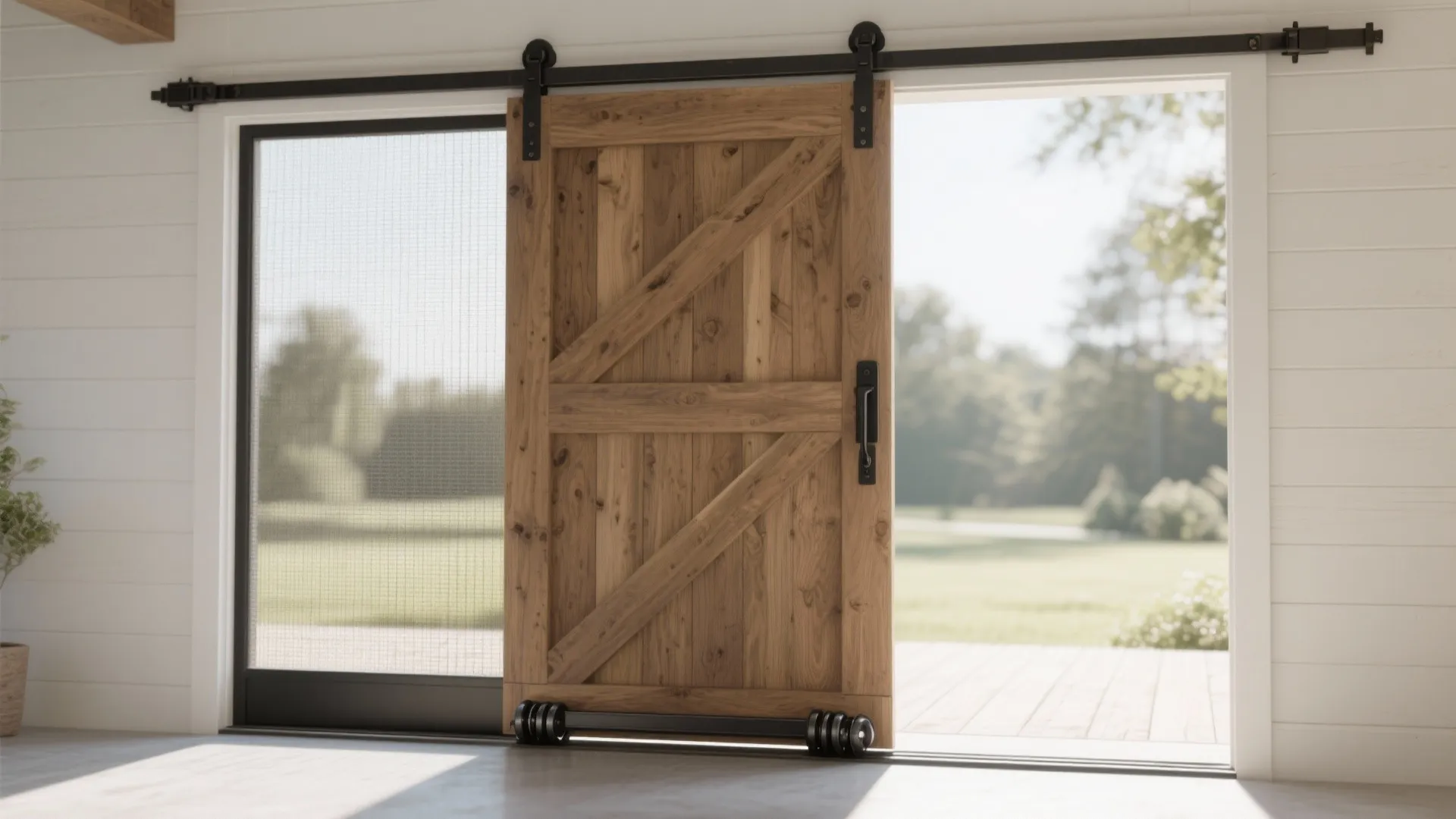 Rustic wooden sliding barn door with black metal track installed on a white wall interior