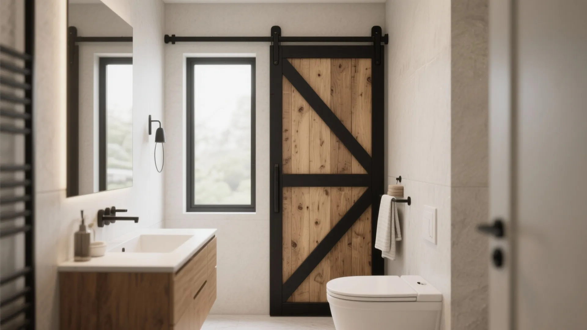 Modern bathroom featuring a sliding wood door with black metal frame and white ceramic sink