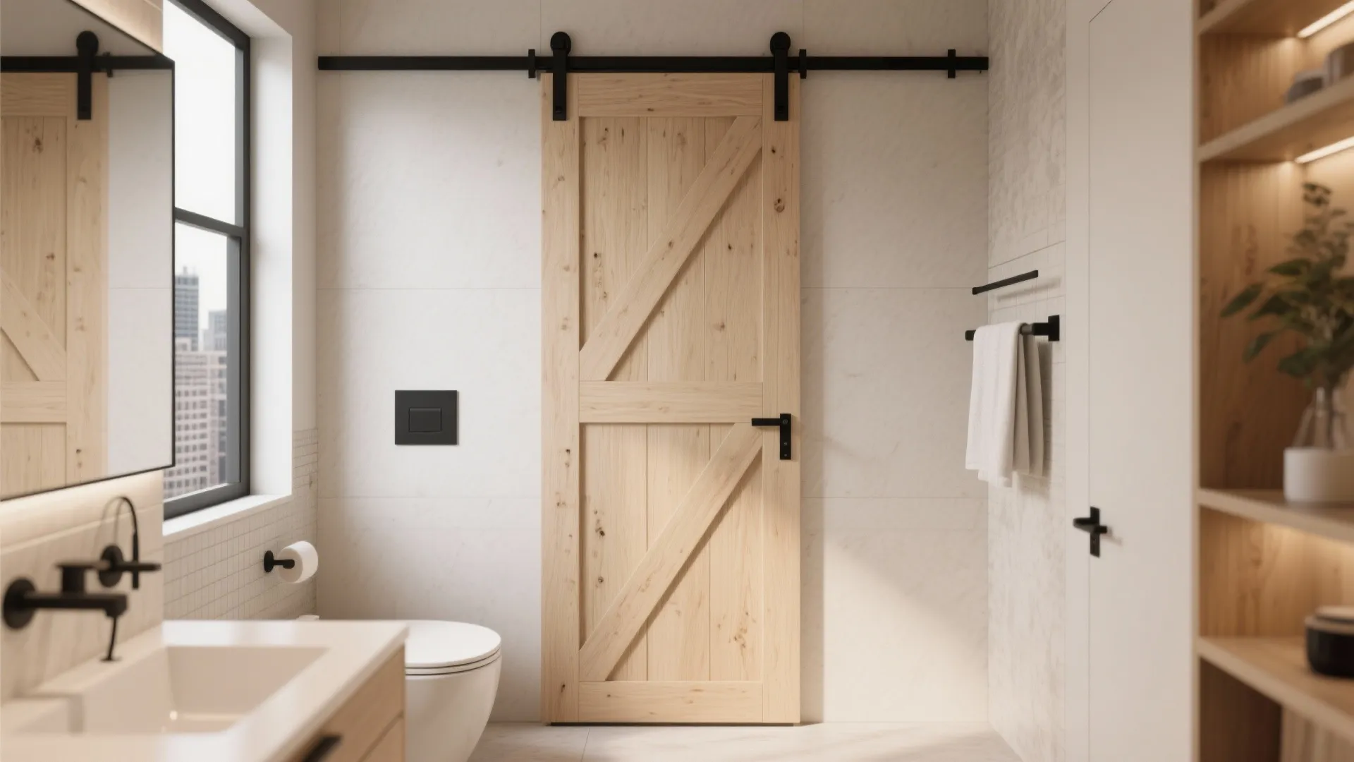 Modern bathroom featuring light wood sliding barn door with black hardware and white tile walls