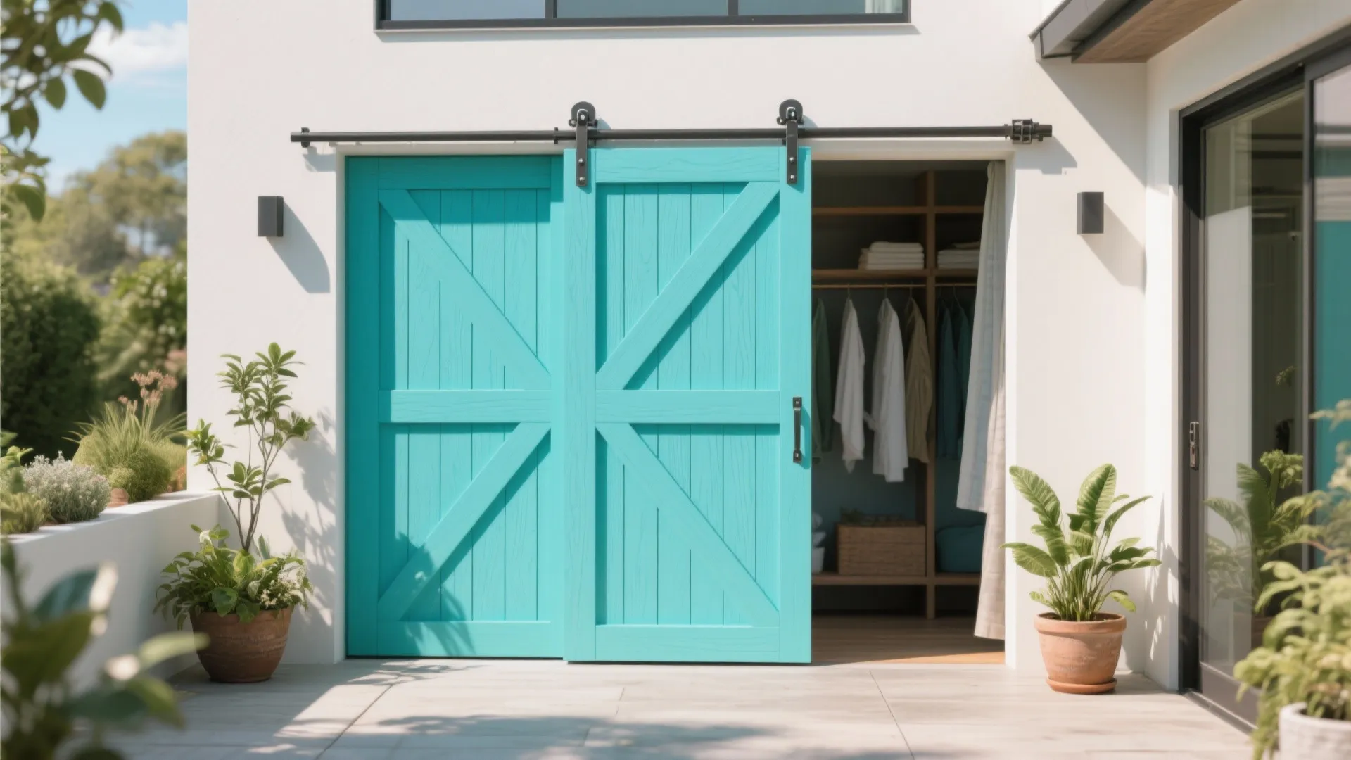 Bright turquoise sliding barn doors opening to a walk in closet on a sunny white patio