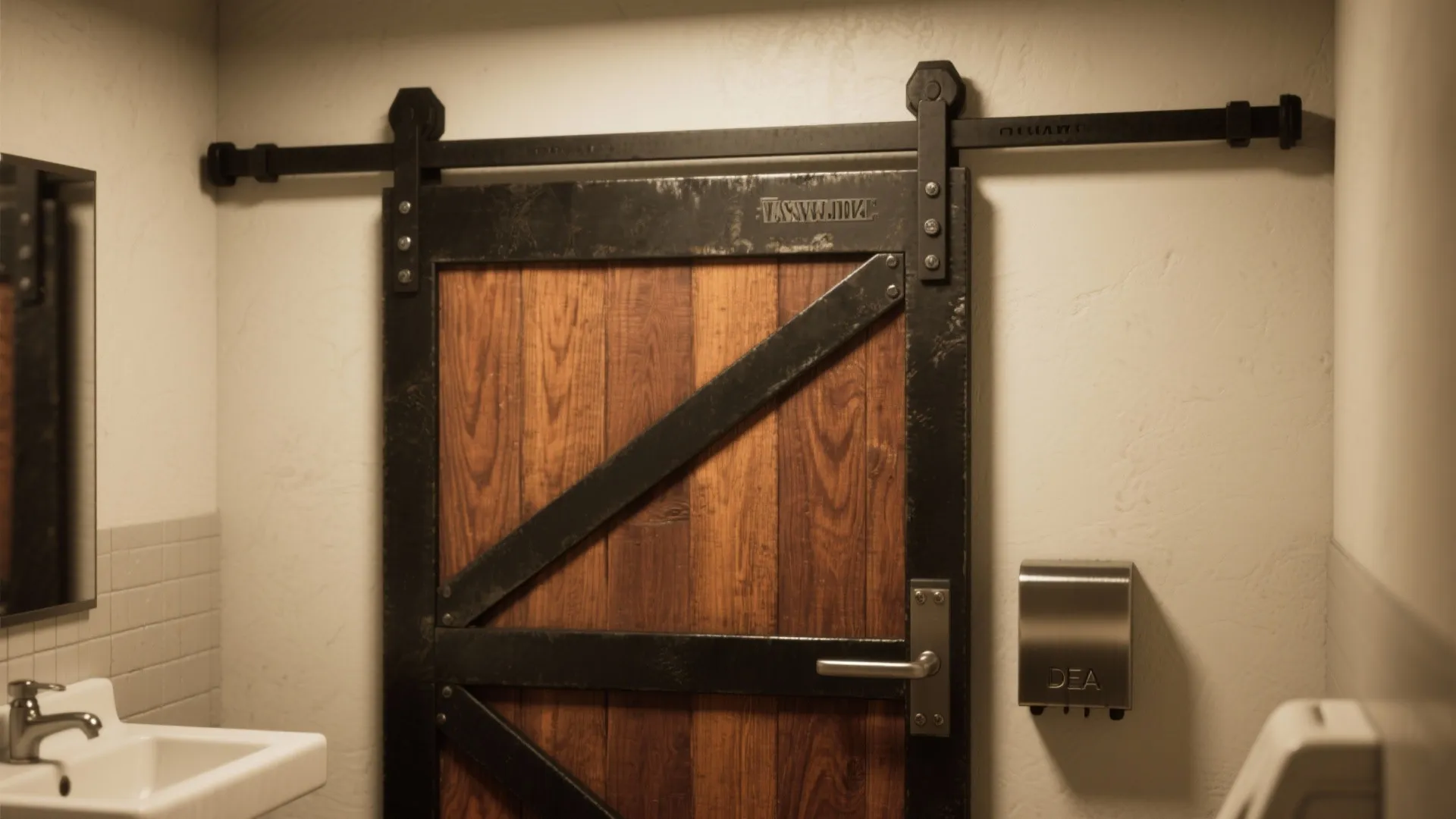 Rustic wooden sliding door with black metal frame and track installed in a modern bathroom area