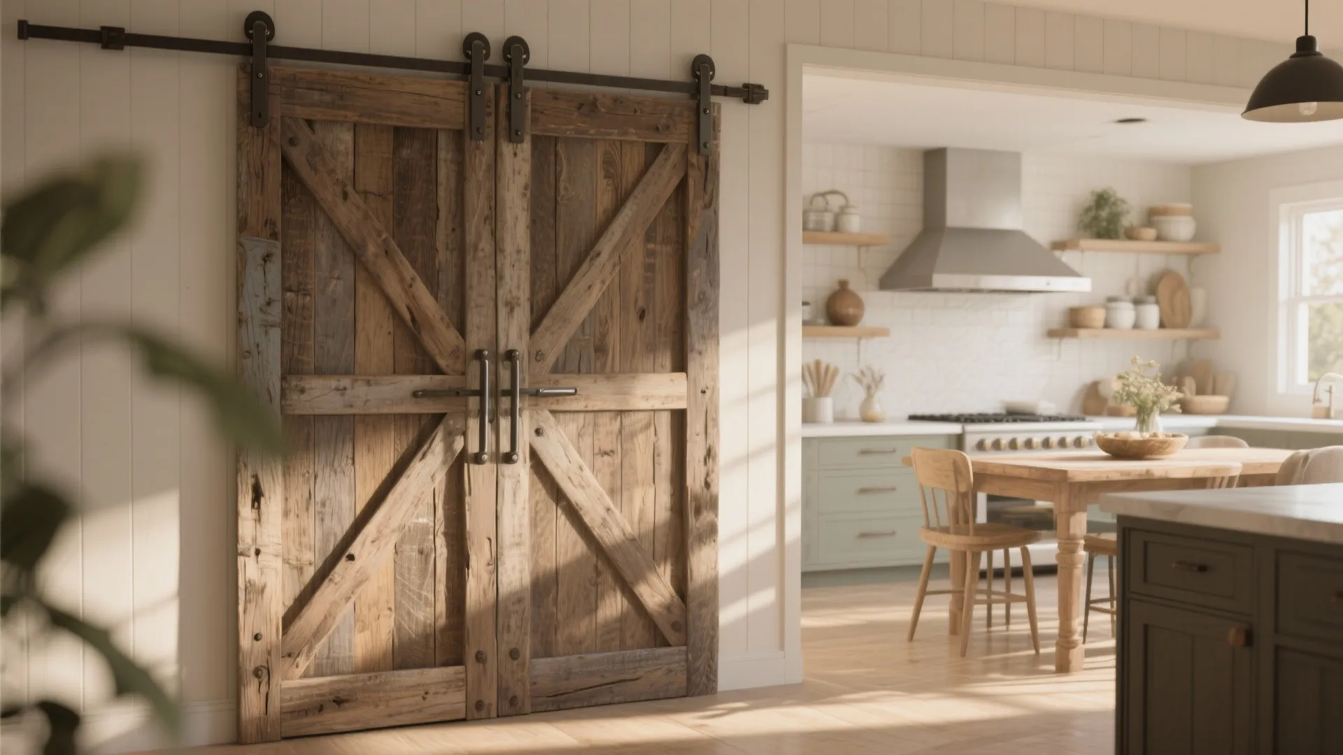 Rustic wooden sliding barn door with black metal tracks leading to a bright modern kitchen
