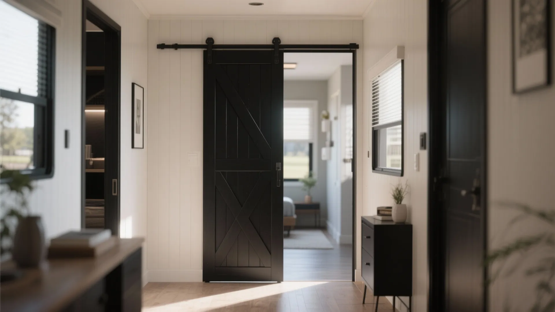 Black sliding barn door in a white hallway leading to a bedroom with natural light