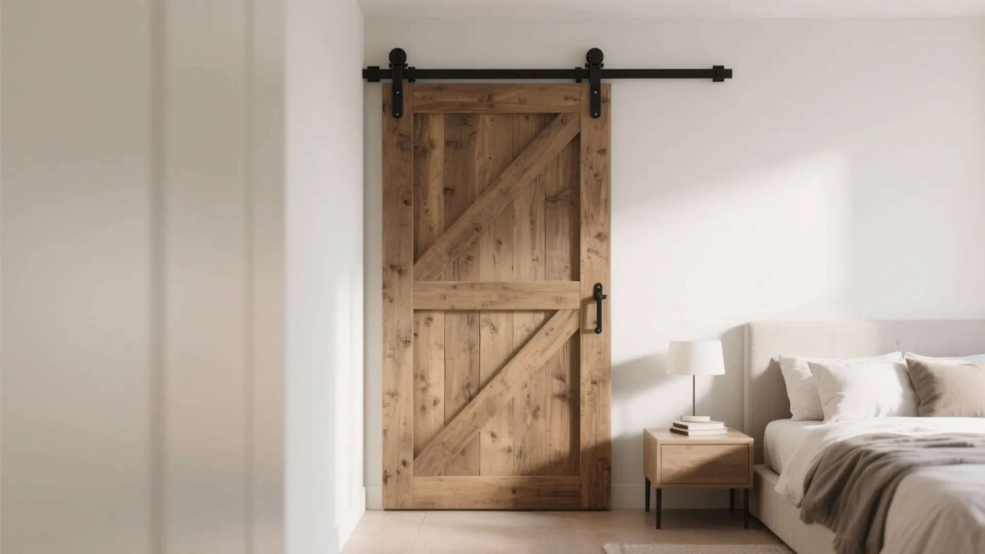 Rustic wooden sliding door with black hardware next to a bedside table in a bedroom