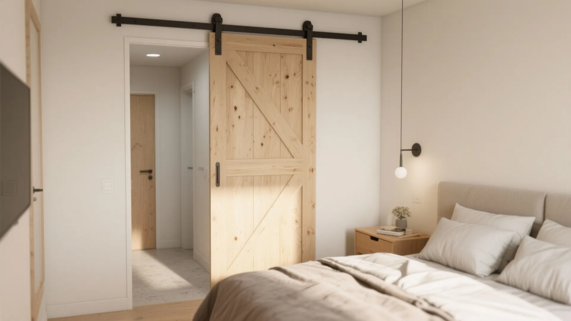 Modern wooden sliding door on black metal track leading from a bright bedroom to hallway