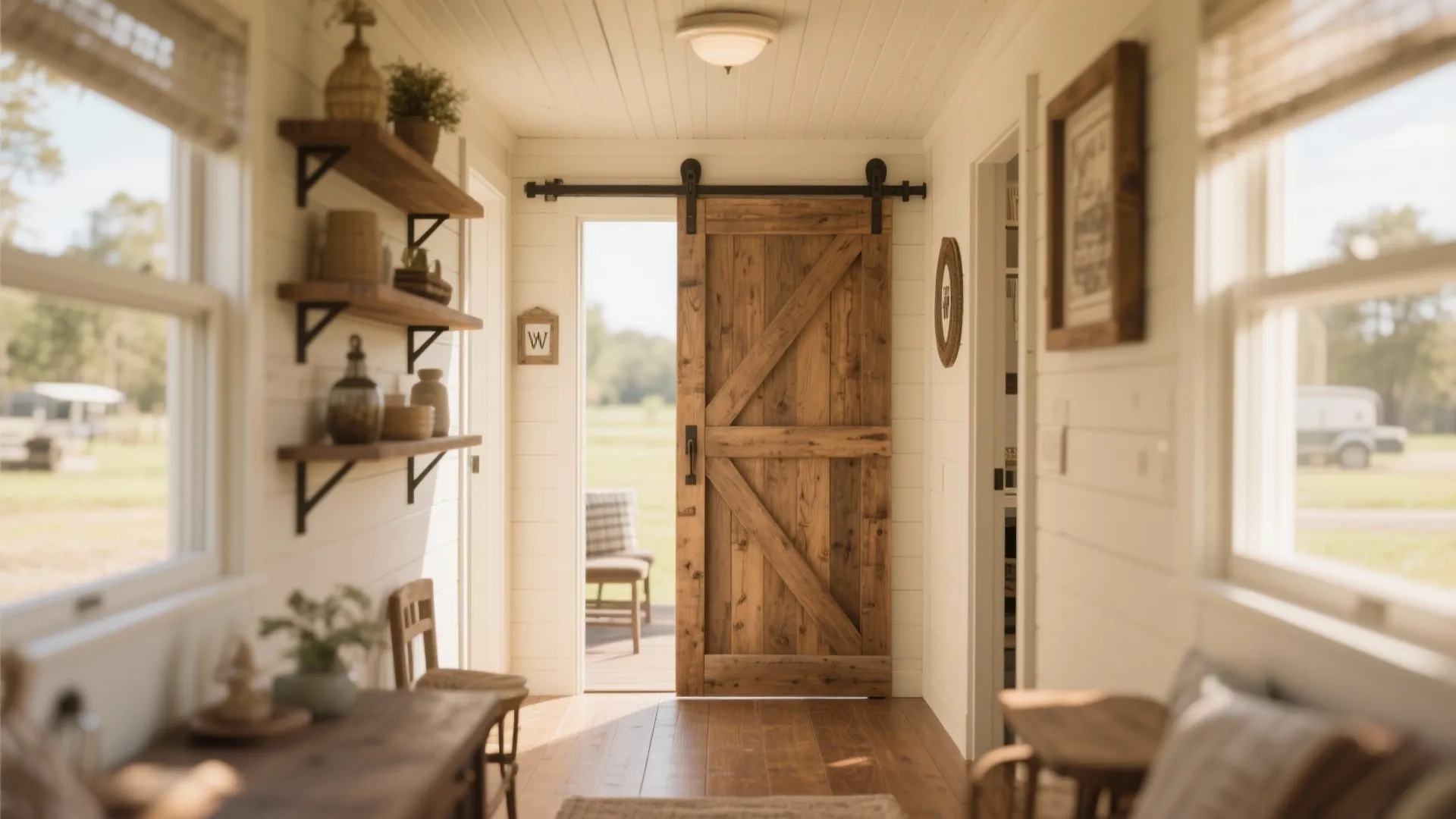 Rustic wooden sliding door in a bright hallway with white walls and wooden wall shelves