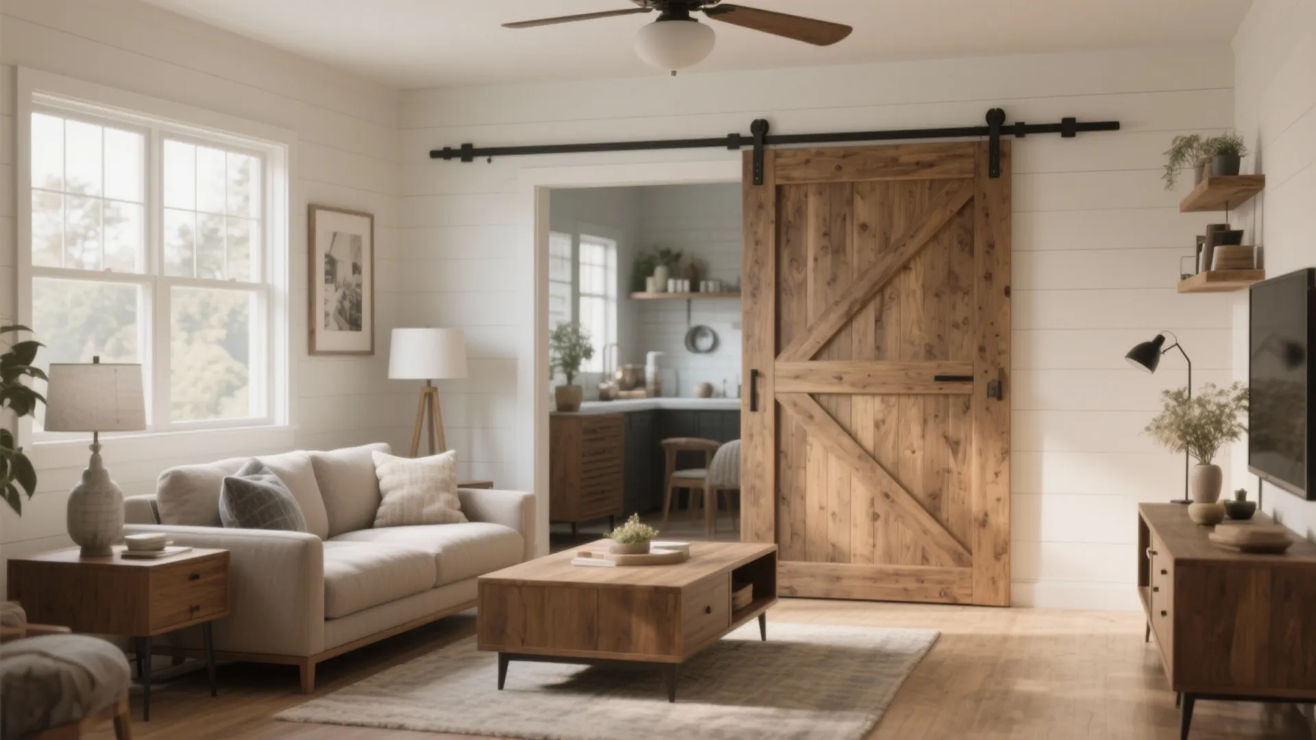 Rustic living room with a wooden sliding door beige sofa coffee table and television cabinet