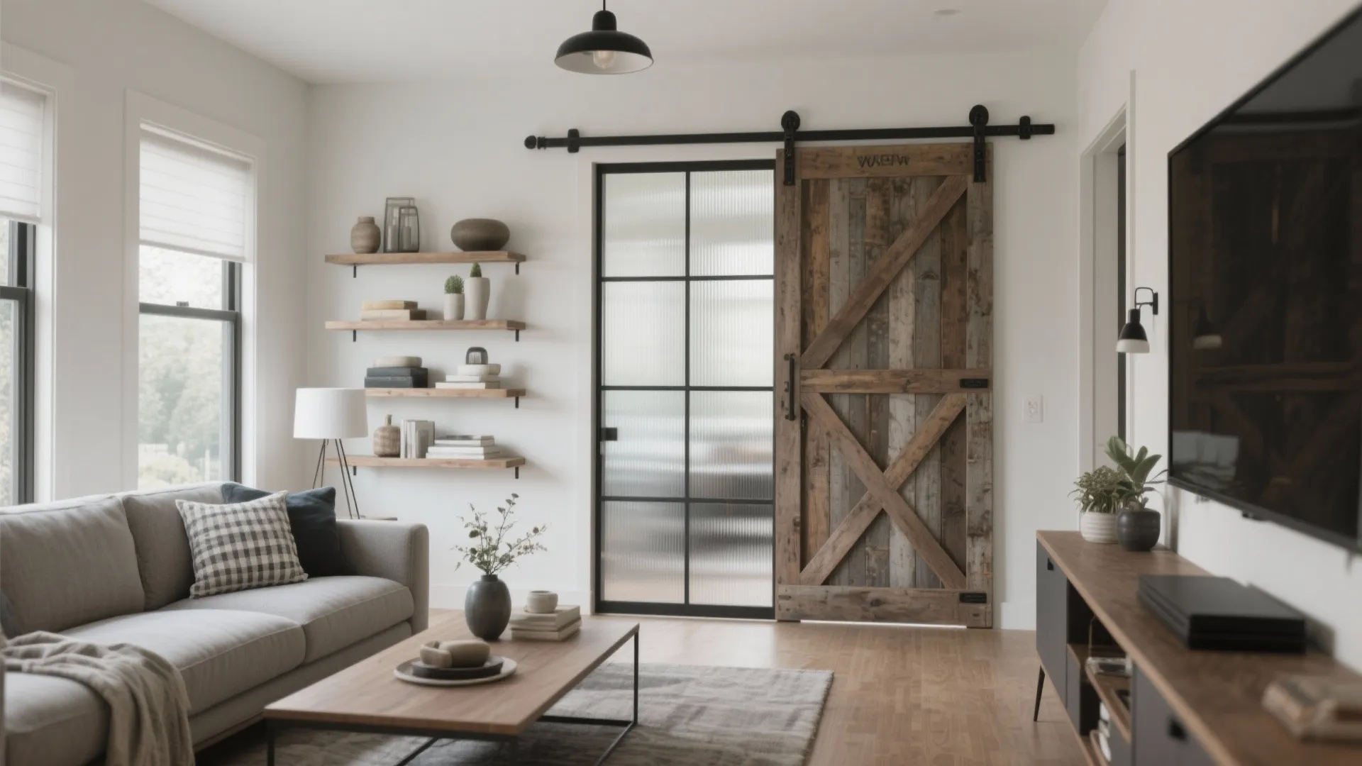 Cozy living room featuring rustic wooden sliding barn door open shelves and grey fabric sofa