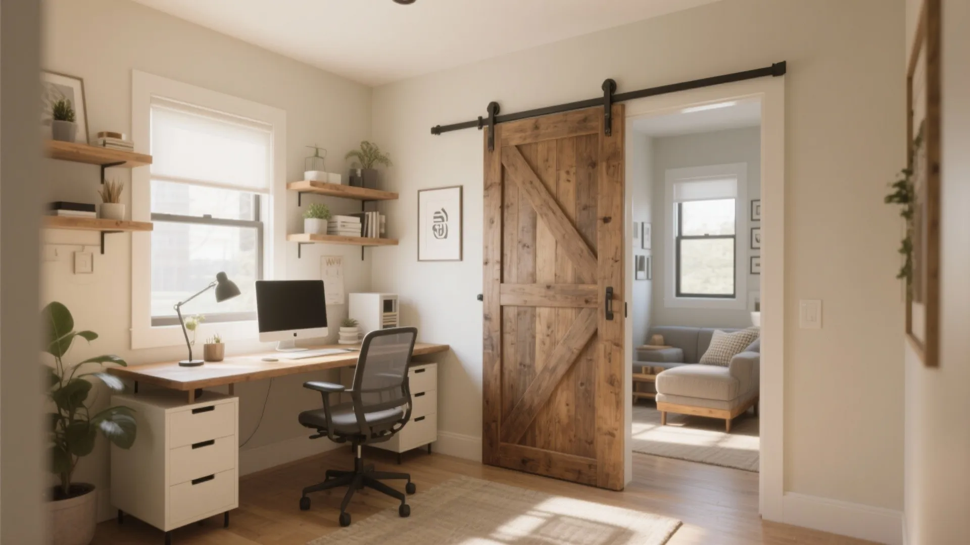 Wooden sliding door separating a bright home office from a cozy living room with sofa