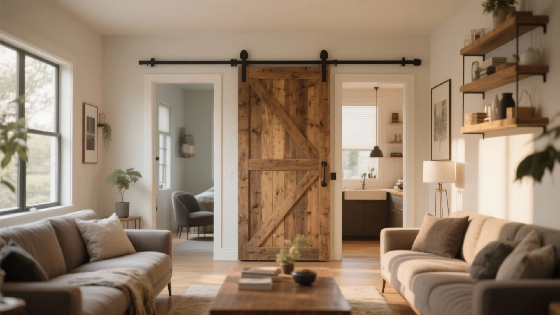 Cozy living room featuring a sliding wooden door, grey sofas, coffee table, and wall shelves