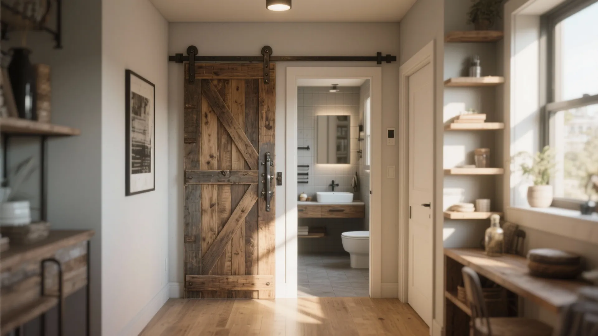 Rustic wooden sliding door leading to a clean bathroom with white toilet sink and wood flooring
