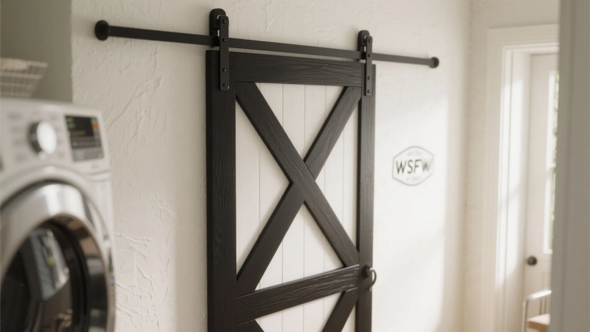 Black sliding barn door with white wood panels hanging on a black metal rail system